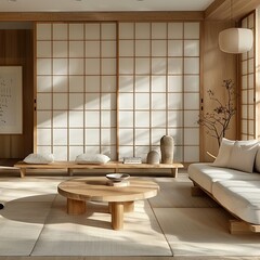 Harmonious blend of Japanese and Scandinavian aesthetics in a modern Japandi living room setting