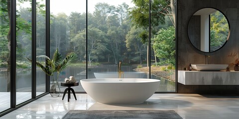 Fototapeta premium Modern Bathroom with a View of a Lake and Forest
