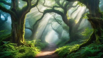 Mystical forest with ancient trees, misty pathways, and a hint of magical light filtering through the canopy.