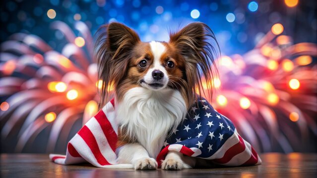 A Cute Dog Wearing An American Flag On The 4Th Of July.