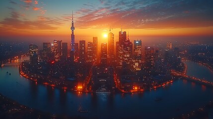 Obraz premium A drone view of a city at dusk, with skyscrapers, illuminated streets, and the last light of the sun creating a warm glow. Minimalist and realistic, capturing the essence of urban life