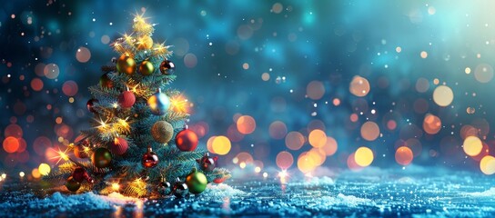Christmas tree with colorful decorations on a blue background with bokeh lights. This could be used as a Christmas card design or banner template. It has a high quality, cinematic view with soft light