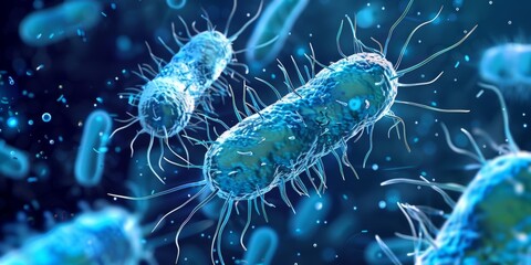 bacterium with multiple flagella on a blue microscopic background