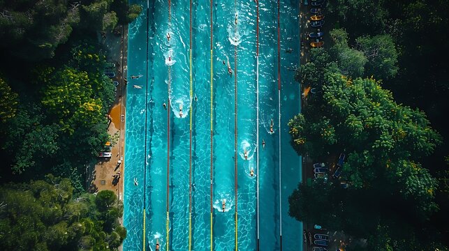 A drone view of a swimming competition in an outdoor pool, highlighting the lanes, swimmers, and the clear blue water. Minimalist and realistic, capturing the action and focus of the athletes