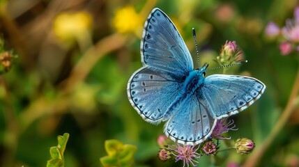 Fototapeta premium A cerulean butterfly resting on a flower.