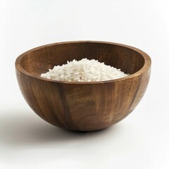 Rustic wooden bowl with a serving of rice, isolated on a pristine white backdrop