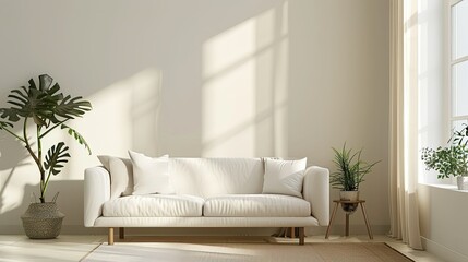 Stylish minimalist living room with sofa furniture, designed for modern and minimalistic interior decor concepts.
