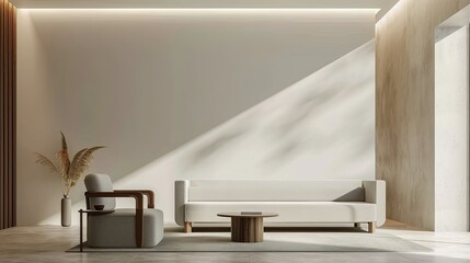 Stylish minimalist living room with sofa furniture, designed for modern and minimalistic interior decor concepts.