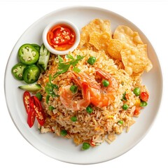 Top view of a plate of Indonesian fried rice with prawn crackers, isolated on white
