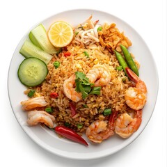 Top view of a plate of Indonesian fried rice with prawn crackers, isolated on white