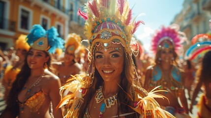 Obraz premium Drone capturing a carnival parade with elaborately decorated floats, dancers in vibrant costumes, and a festive crowd. Minimalist approach with realistic details, emphasizing the spectacle 