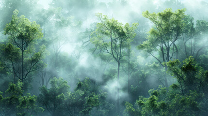Obraz premium A dense forest shrouded in mist landscape