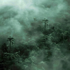 Fototapeta premium A dense forest shrouded in mist landscape