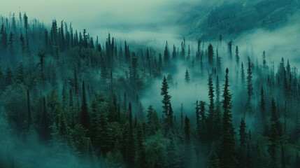 Obraz premium A dense forest shrouded in mist landscape