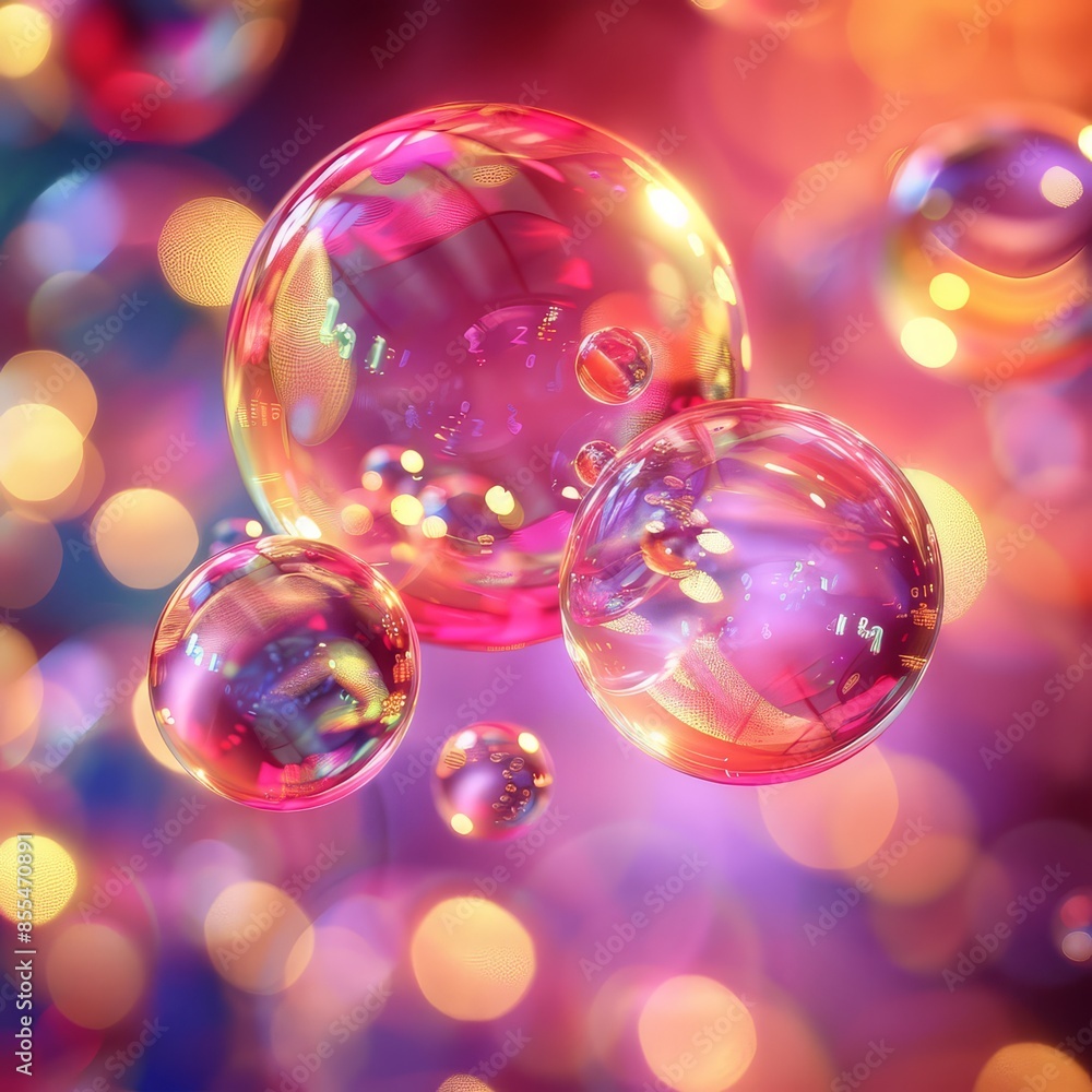 Poster Bright abstract space with floating colorful circles and spheres