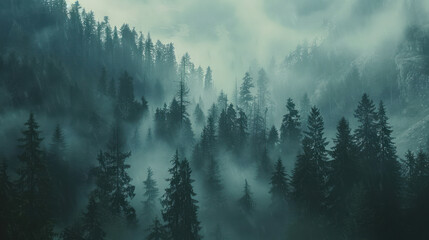 A dense forest shrouded in mist landscape