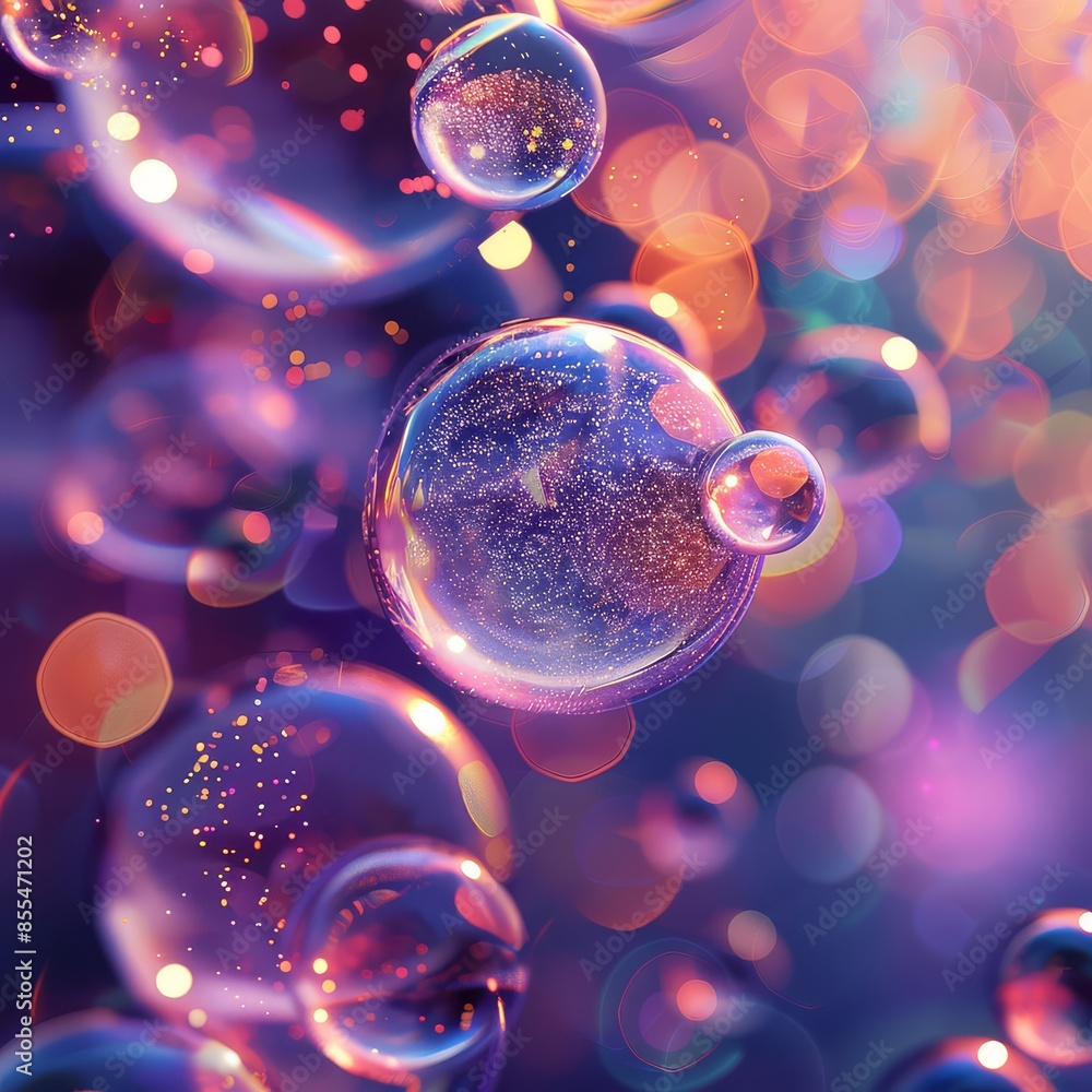 Poster abstract blue design with floating shiny soap bubbles