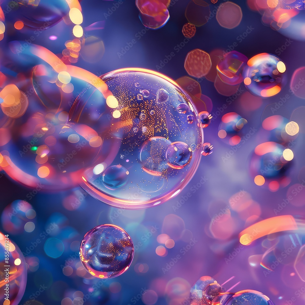 Poster shiny circles of various sizes float on blue backdrop