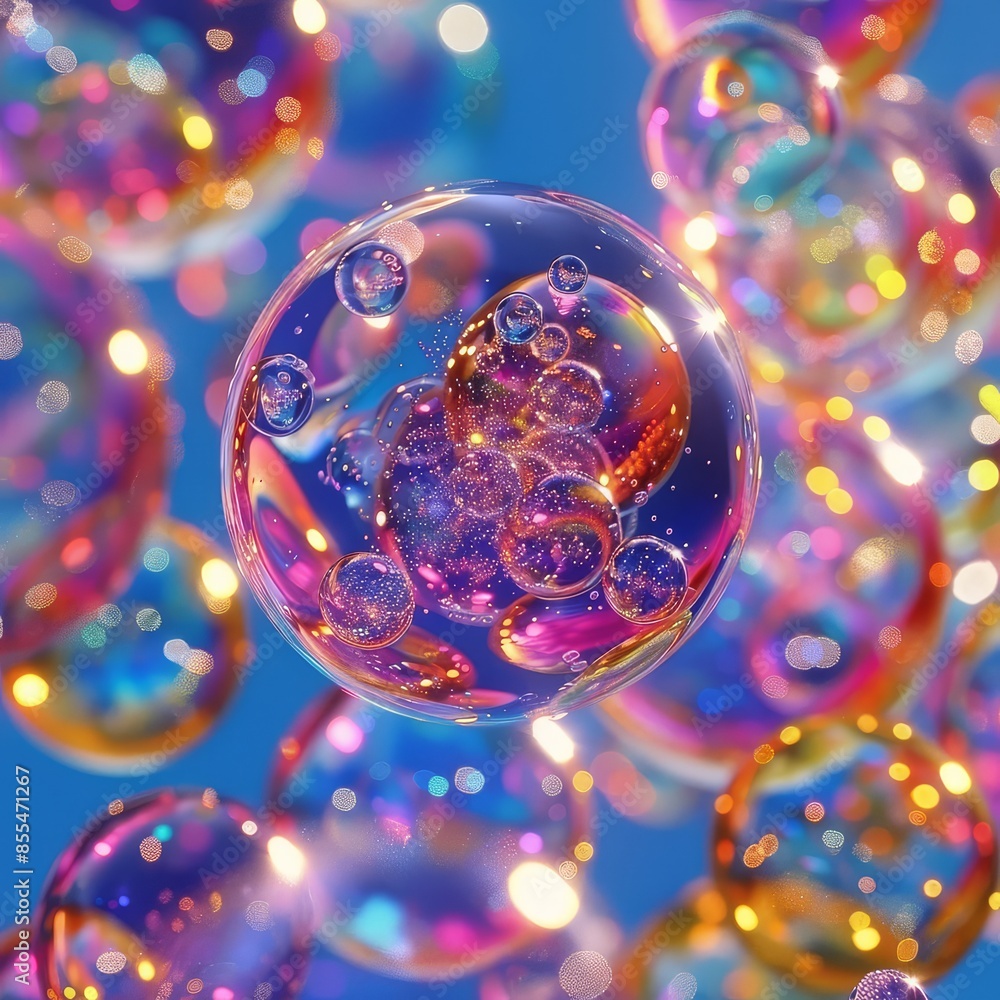 Poster blue shiny backdrop with floating round bubbles