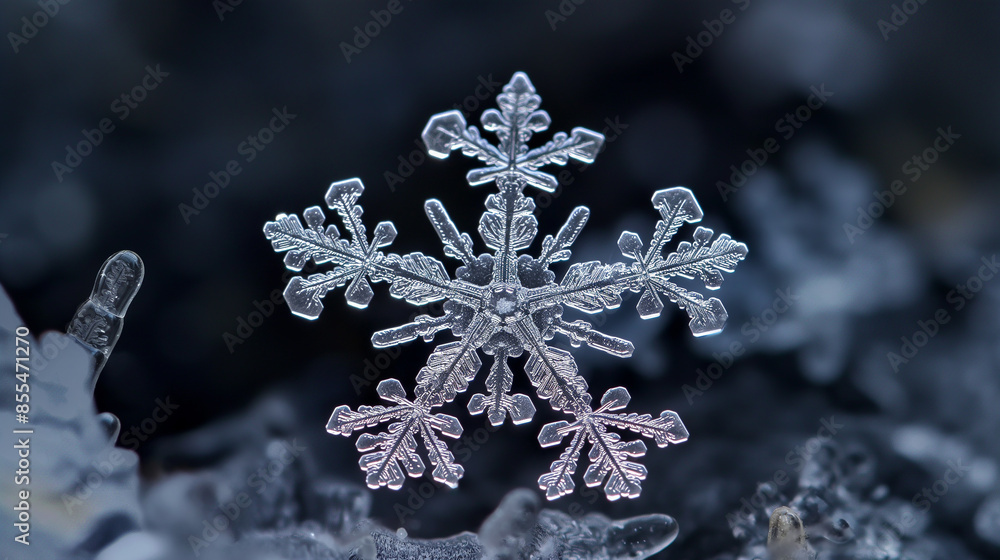 Aufkleber macro photo of a detailed snowflake resting on ice