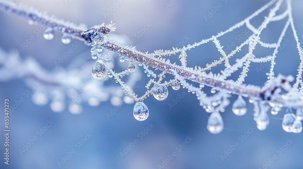 Aufkleber frozen spider web covered with frost reflecting in water drops