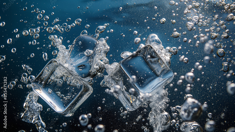 Poster Ice cubes floating in water creating bubbles