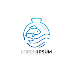 fish logo in aquarium bottle with line style, blue color
