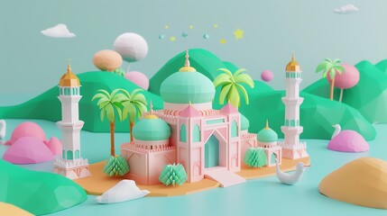 simple lowpolly cute 3d of islamic background, minimal color, isometric 3d, 3d icon matte clay render, blender 3d rendering, lowpoly style, aid fitr, ramadhan, aid adha, islamic new years