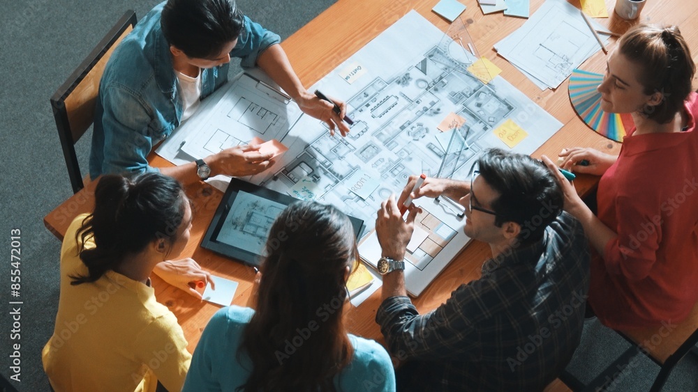 Poster professional civil engineer handed document while looking at blueprints. skilled architect team brai
