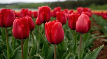 Obraz premium Vibrant red tulips in a field