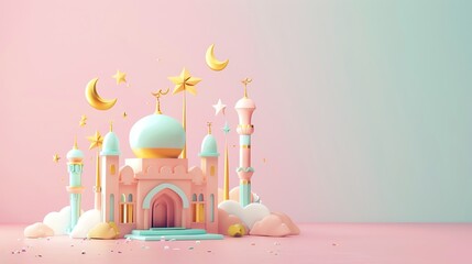 simple lowpolly cute 3d of islamic background, minimal color, isometric 3d, 3d icon matte clay render, blender 3d rendering, lowpoly style, aid fitr, ramadhan, aid adha, islamic new years