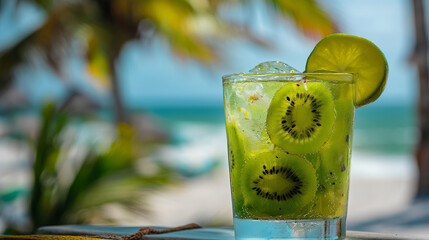 Kiwi caipirinha, a tropical kiwi caipirinha, vibrant green, muddled with fresh kiwi and lime, served in a traditional glass