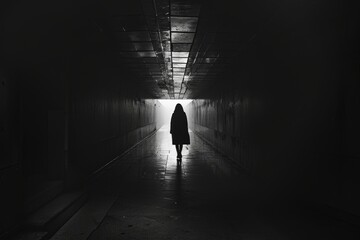 Mysterious figure in a dark tunnel, creating a haunting and suspenseful atmosphere, perfect for themes of mystery and exploration.

