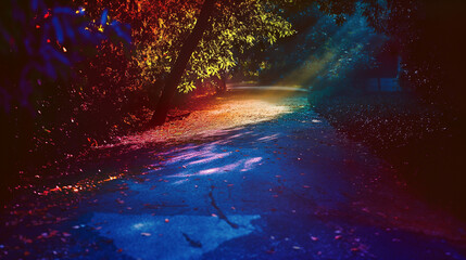 Photograph of the luminous rainbow park on black background, very small and blurry in center of frame, textured and grainy