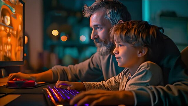 A joyful father who enjoys playing video games on the internet with his child