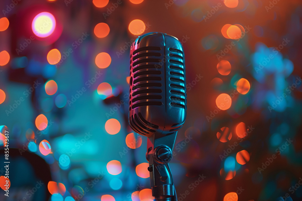 Poster a microphone is on a stand in front of a colorful background. the microphone is black and silver, an