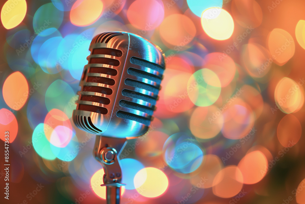 Poster a microphone is on a stand in front of a colorful background. the microphone is black and silver, an