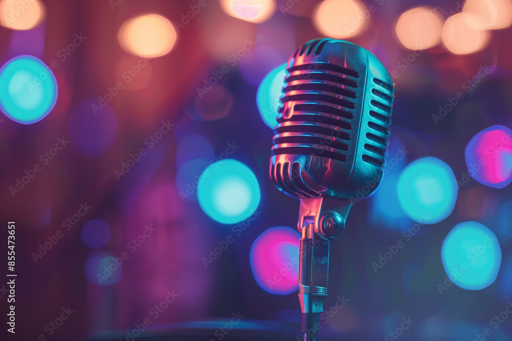 Poster a microphone is on a stand in front of a colorful background. the microphone is black and silver, an
