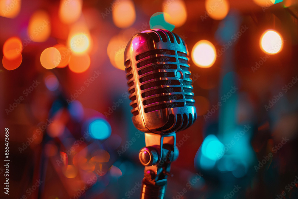 Poster a microphone is on a stand in front of a colorful background. the microphone is black and silver, an
