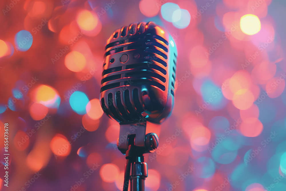 Poster a microphone is on a stand in front of a colorful background. the microphone is black and silver, an