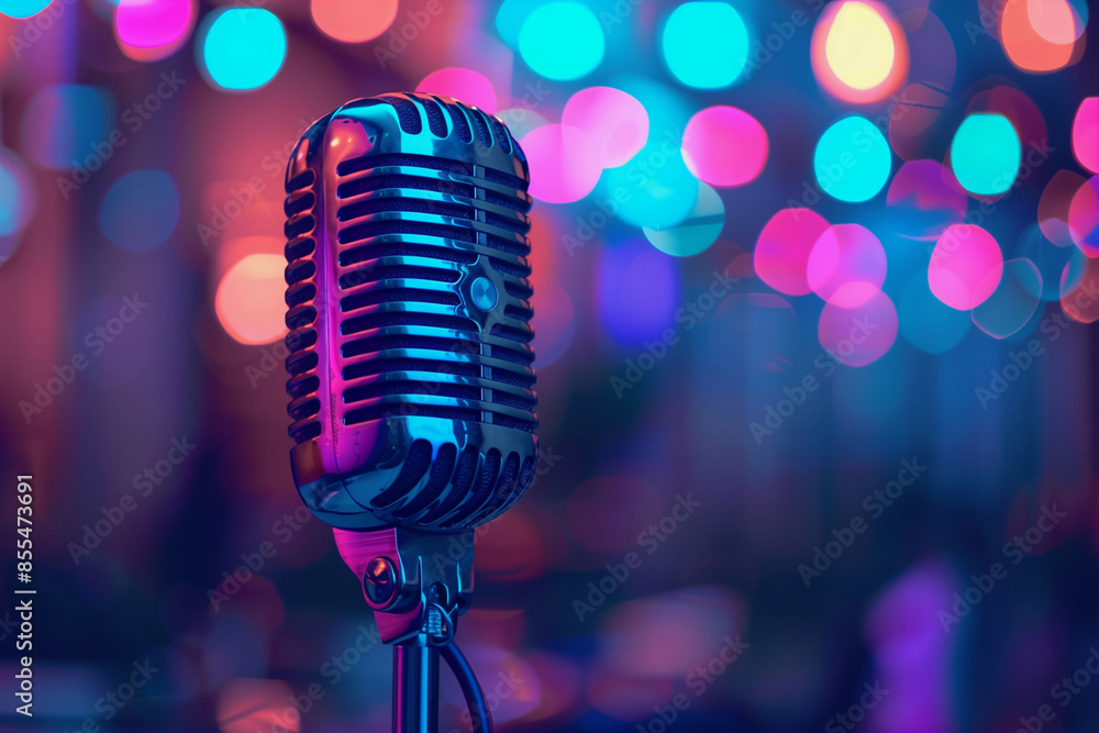 Poster a microphone is on a stand in front of a colorful background. the microphone is black and silver, an