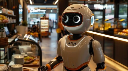 Fototapeta premium Futuristic Customer Service: AI-Powered Humanoid with Friendly Expression in a Modern Retail Environment Enhancing Consumer Experience