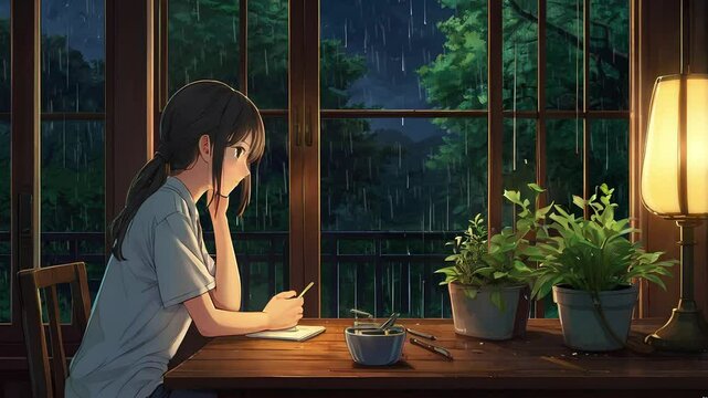anime girl , lofi girls , music , song , mtv , mv , peaceful , rain , tree , plant , green , night , rainy , lamplight ,studying , peaceful , working, rainy season , working at table 