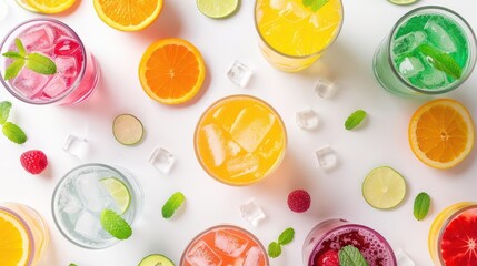 summer soda drinks menu colorful mocktails and cocktails refreshing beverages top view collection isolated on background
