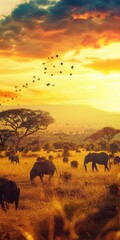 Obraz premium Safari adventure, with wildlife roaming freely, on a savanna close up, wild expedition, dynamic, overlay, savanna backdrop