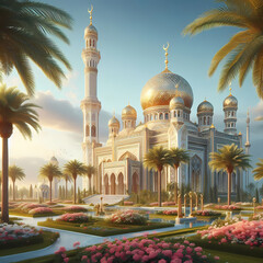 Naklejka premium Illustration of a large mosque with a gold-plated dome and towering minaret