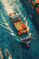 Cargo ship, loaded with containers, sailing through a busy port close up, global trade, realistic, manipulation, harbor backdrop