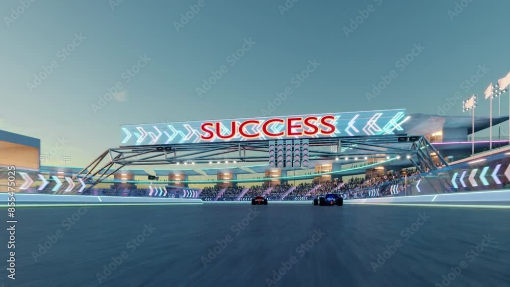 Poster speeding formula race car on illuminated night track with vibrant lights and cheering spectators. 3d
