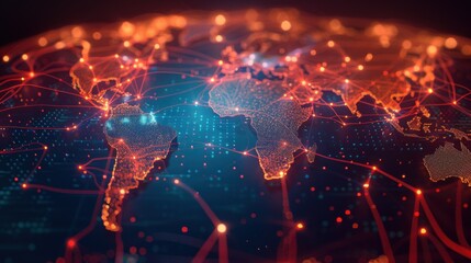 Obraz premium A computer generated image of the world with a blue background and red lines