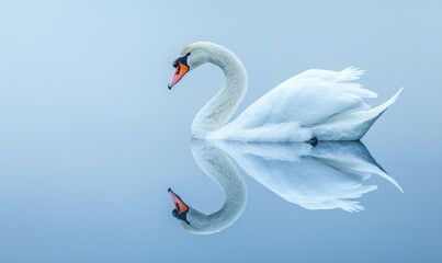 Fototapeta premium A white swan with its reflection on the water surface, against a light blue background